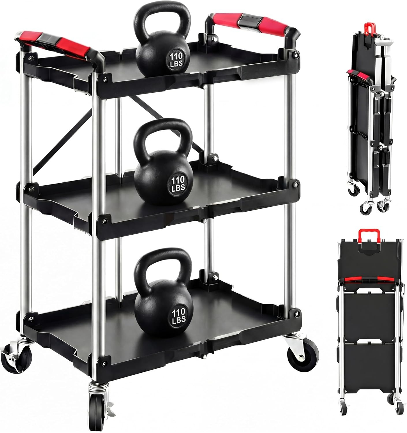 Workshop Tools Trolley - 3-laags opvouwbare rollende werkplaatswagen, 330 lbs,