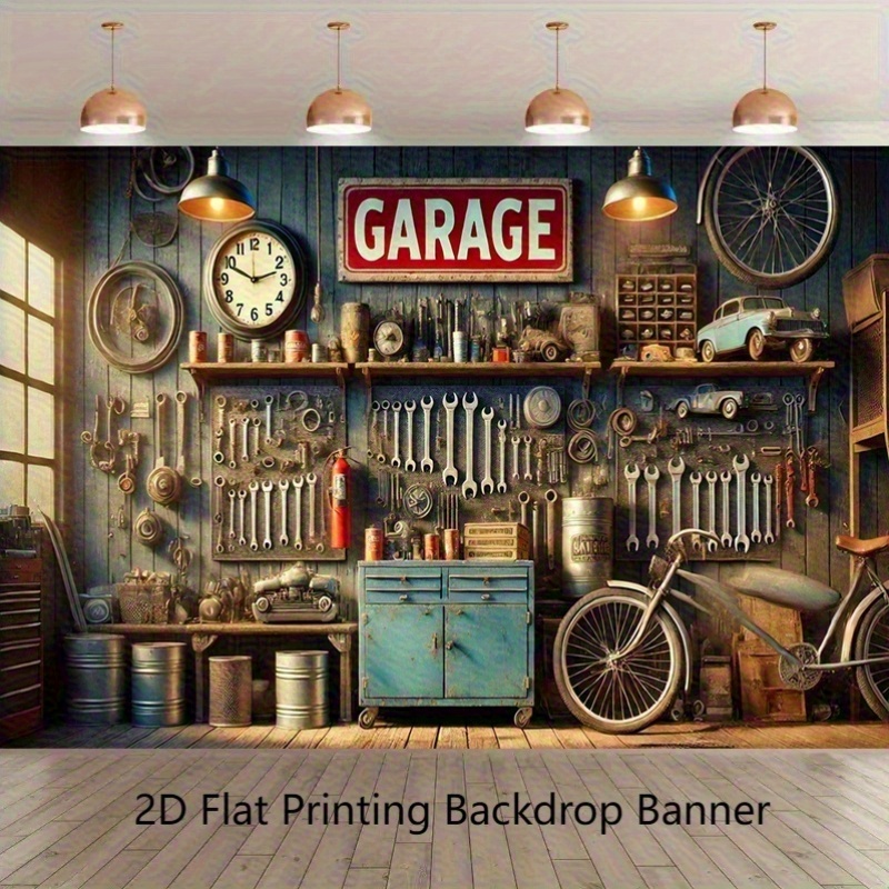Workshop Tools Background - Industriële garage achtergrondbanner behang print polyester